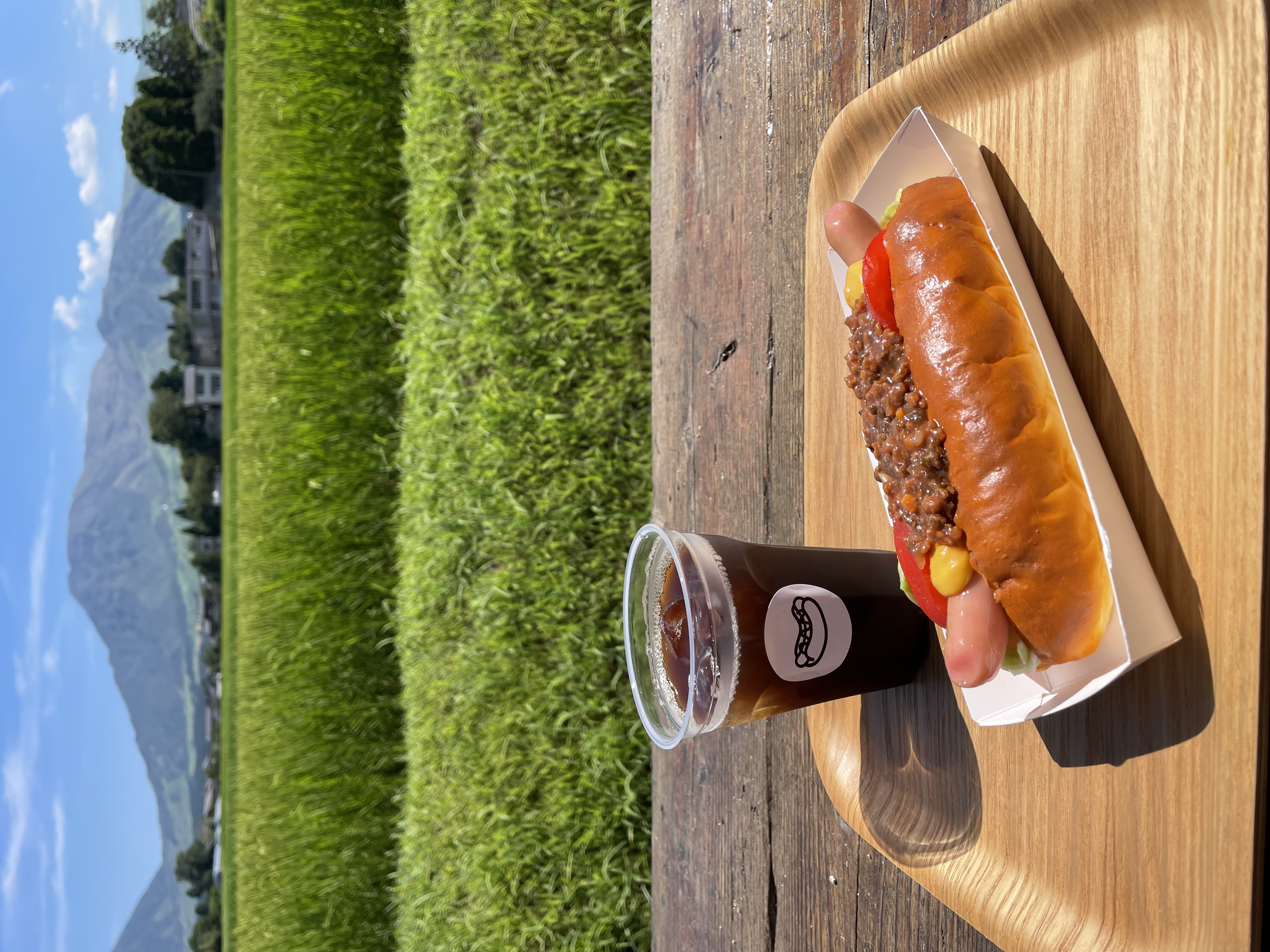 木のトレーにのった名物ヒバリドッグとアイスコーヒー。奥に阿蘇の山と青空。